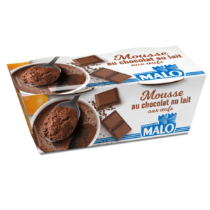 Packshot MALO Mousse au chocolat au lait aux œufs – dessert onctueux et gourmand en pot carton recyclable 2x70g