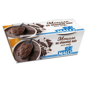 Packshot MALO Mousse au chocolat noir aux œufs – dessert gourmand onctueux en pot carton recyclable 2x70g