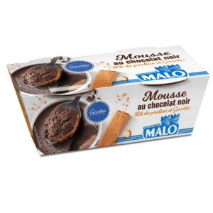 Packshot MALO Mousse au chocolat noir sur lit de praliné croustillant et Gavottes – dessert gourmand en pot carton recyclable 2x70g