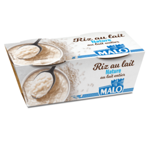Packshot MALO Riz au lait nature au lait entier – dessert onctueux et traditionnel en pot carton recyclable 2x125g