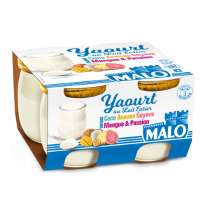 Yaourt pot verre au lait entier Malo Saveurs Coco Ananas Goyave et Mangue & Passion x4