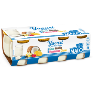 Yaourt pot verre au lait entier Malo saveurs Coco Vanille Framboise Citron x8